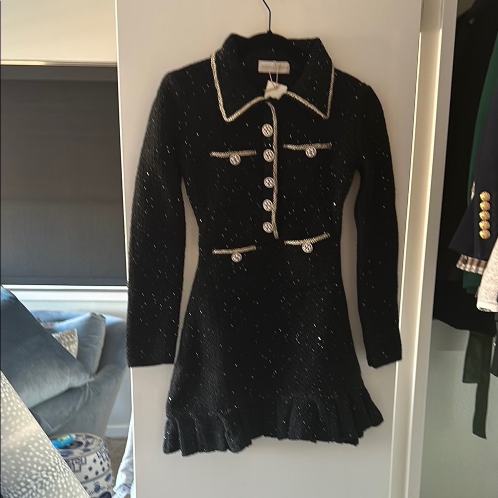 Black Tweed Dress with Gold and Pearl Buttons with Gold Trim